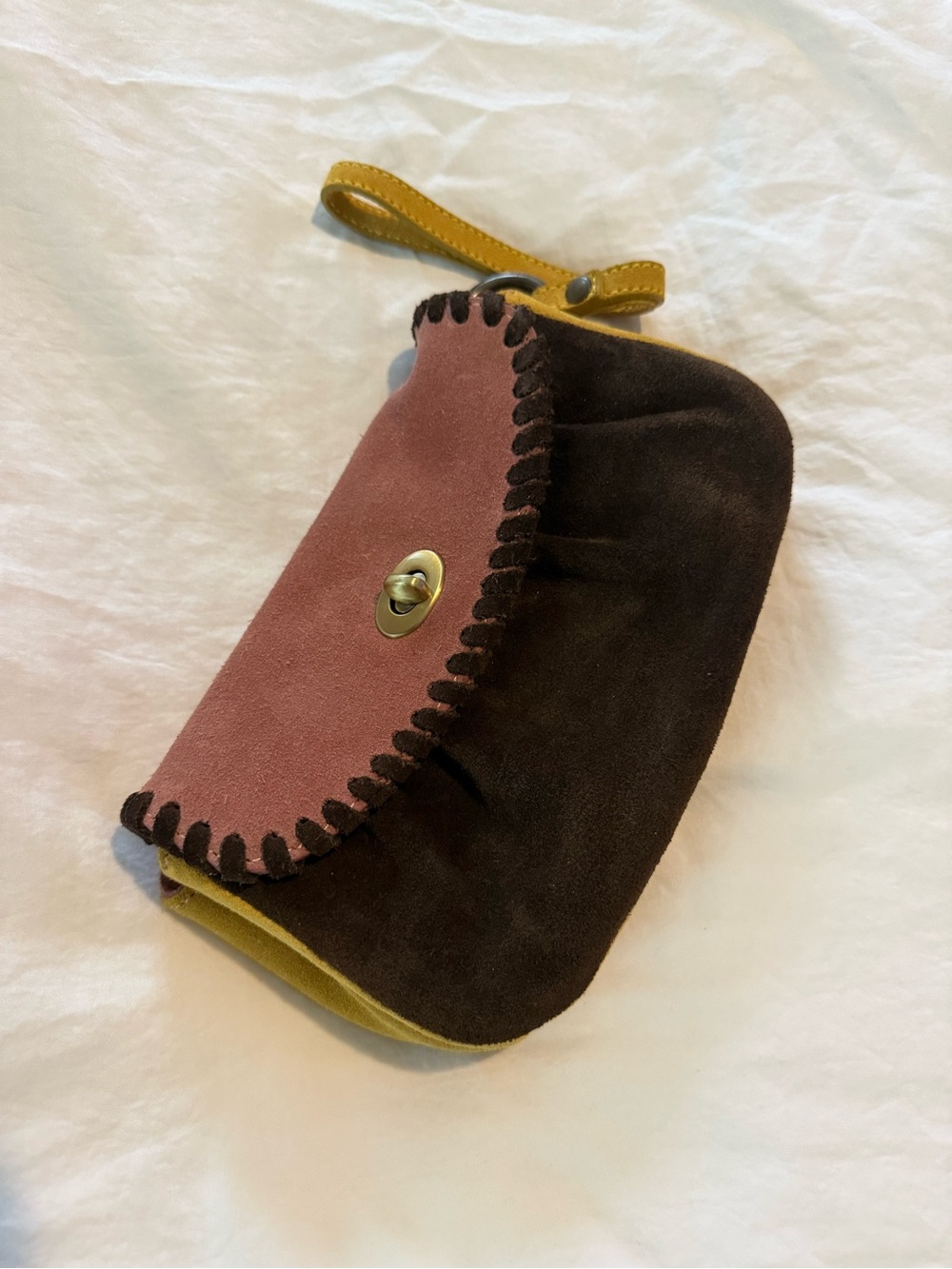 Niquea D. Suede Multi-Color Wristlet Clutch - Brown, Rose & Mustard GUC 0790